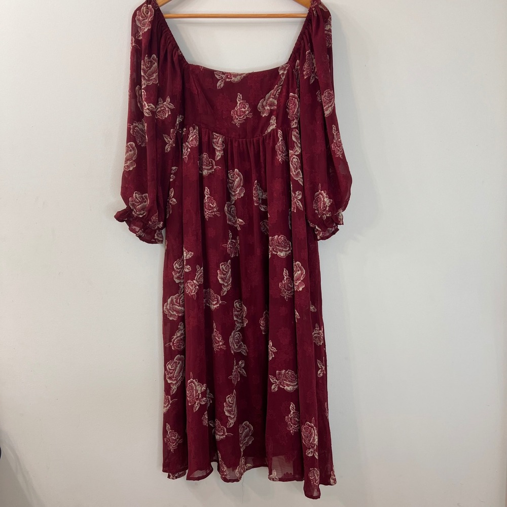 Sweet Lemon Burgundy Floral Rose Pesant Burnout Square Neck Midi Dress Medium